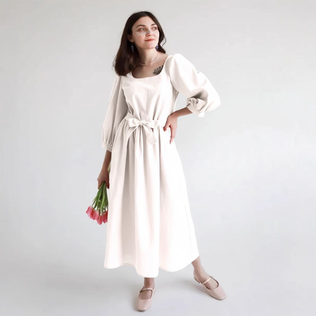 Robe femme – Coton léger – Coupe ample – Manches longues bouffantes – Col carré – Longueur midi