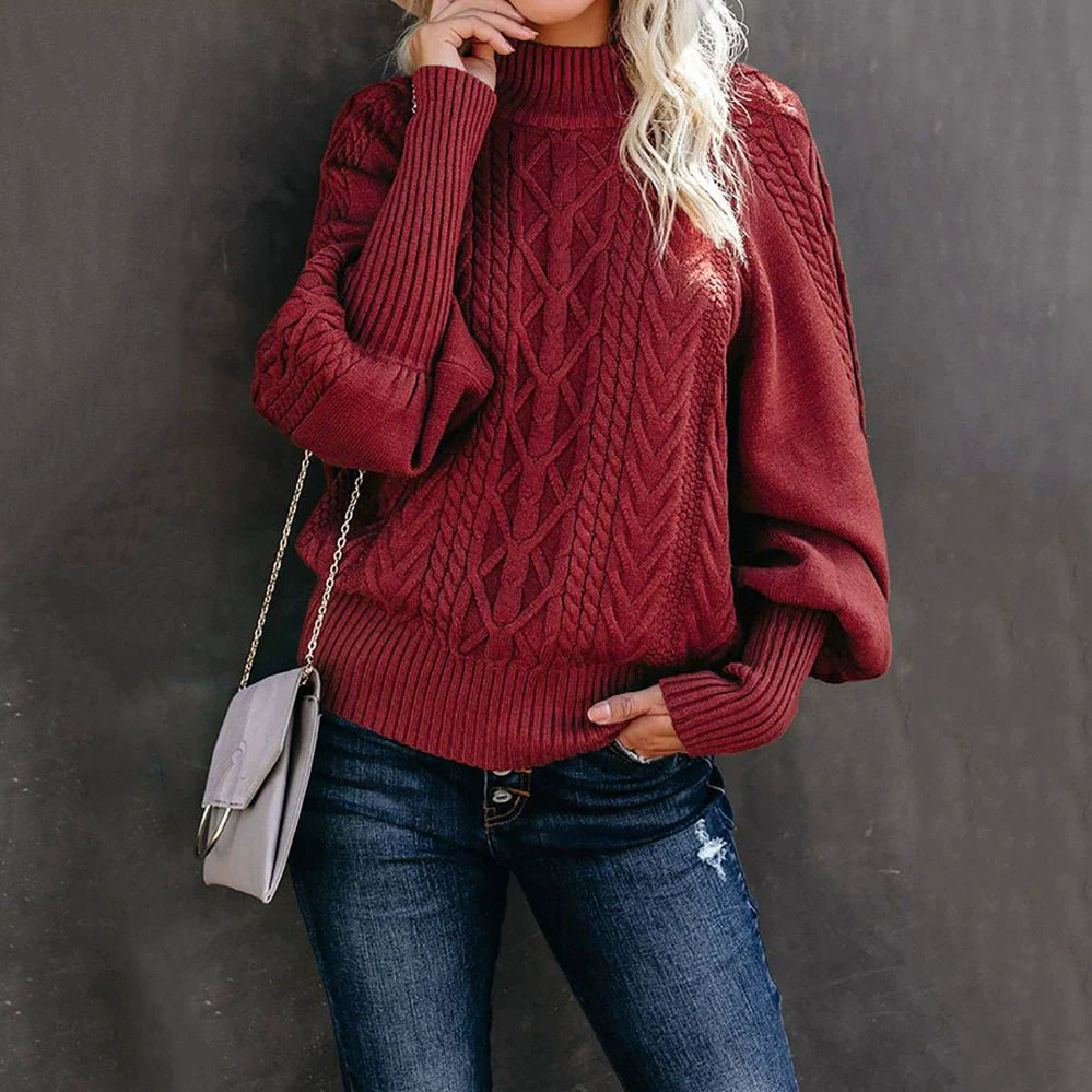Pull Femme – Col Cheminée – Maille Torsadée – Coupe Ample – Manches Longues