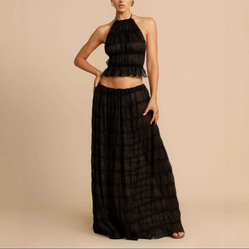 Ensemble femme deux pièces – haut dos nu froncé – jupe longue taille élastique – tissu respirant