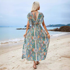 Robe longue femme – Tissu respirant – Décolleté plongeant – Manches amples boho