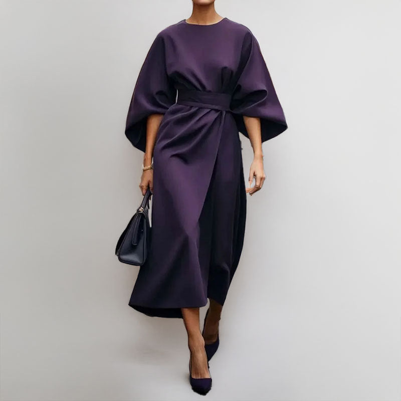 Robe longue femme – Taille cintrée – Manches chauve-souris – Drapé fluide élégant