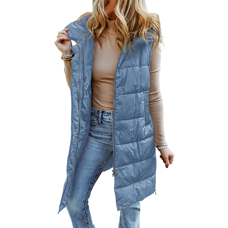 Veste longue femme – Matelassée légère – Coupe décontractée – Sans manches à capuche