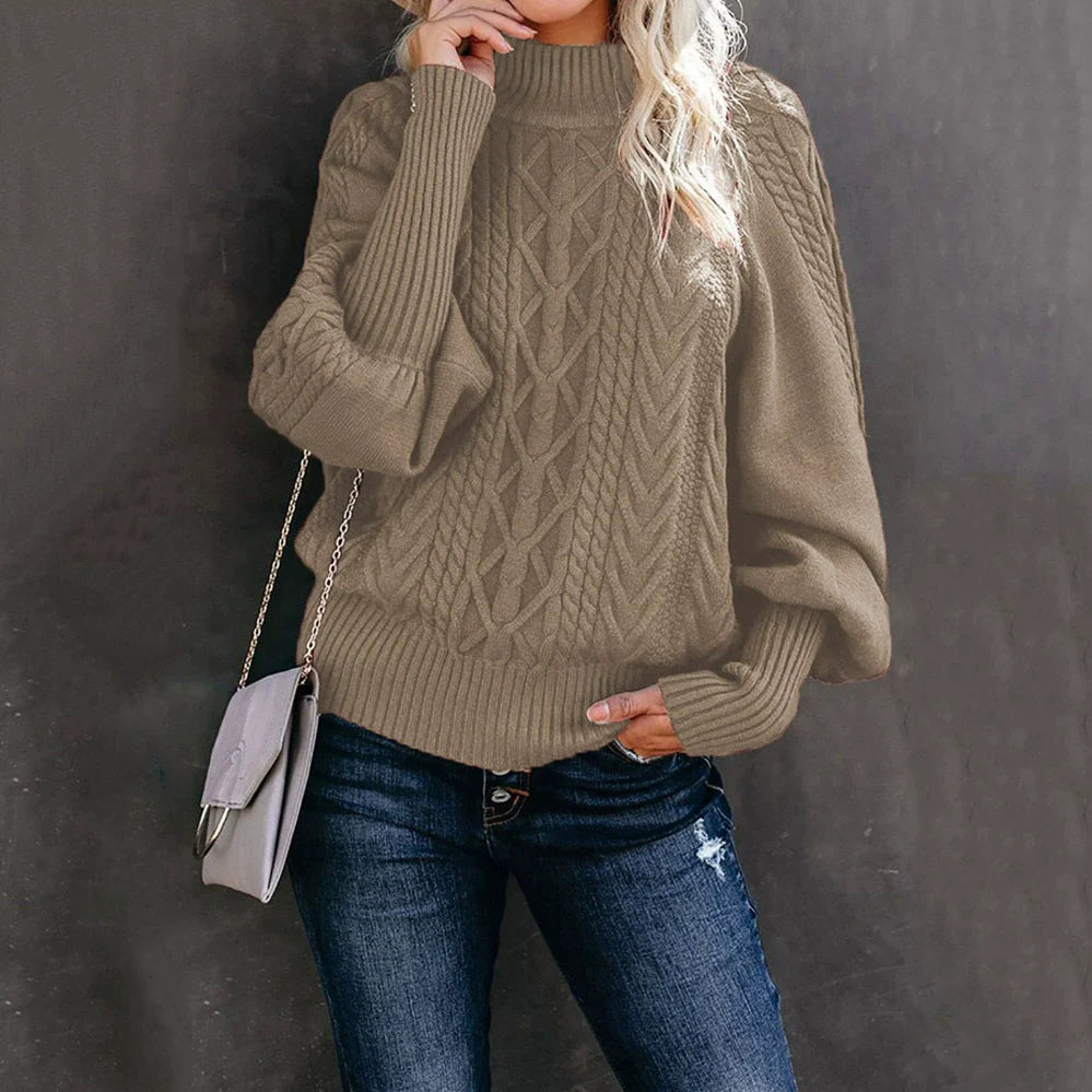 Pull Femme – Col Cheminée – Maille Torsadée – Coupe Ample – Manches Longues