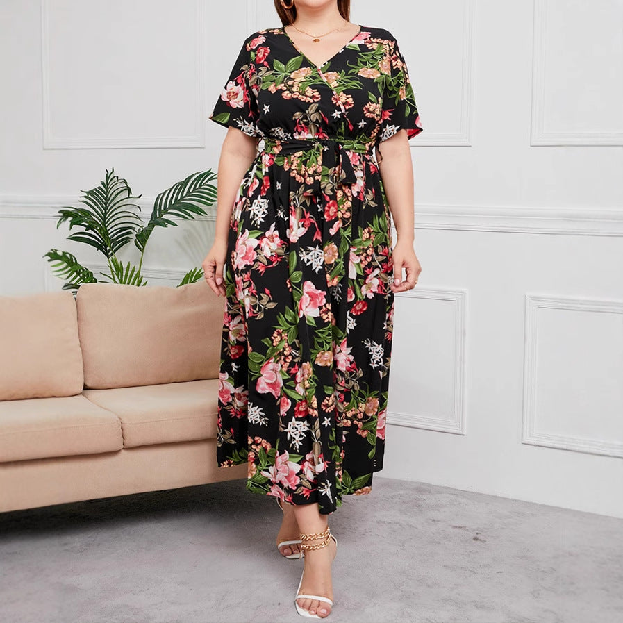 Robe midi femme – Coupe évasée – Col en V – Manches courtes – Imprimé fleuri – Ceinture