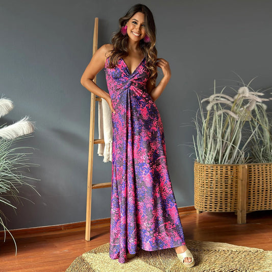Robe longue femme – Sans manches – Décolleté en V – Détail torsadé – Coupe fluide imprimée