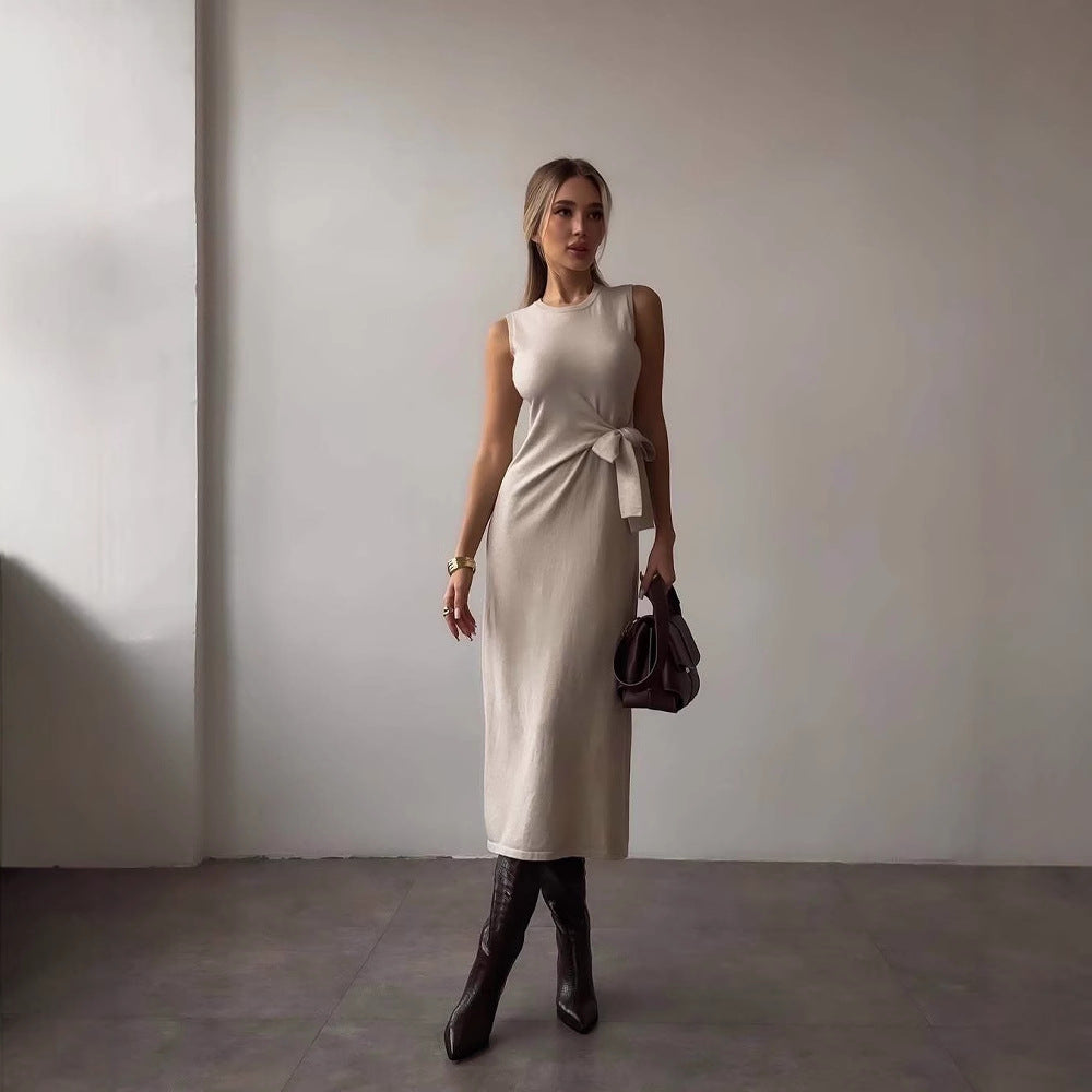 Robe midi femme – Coupe ajustée – Sans manches – Nœud à la taille – Tissu stretch