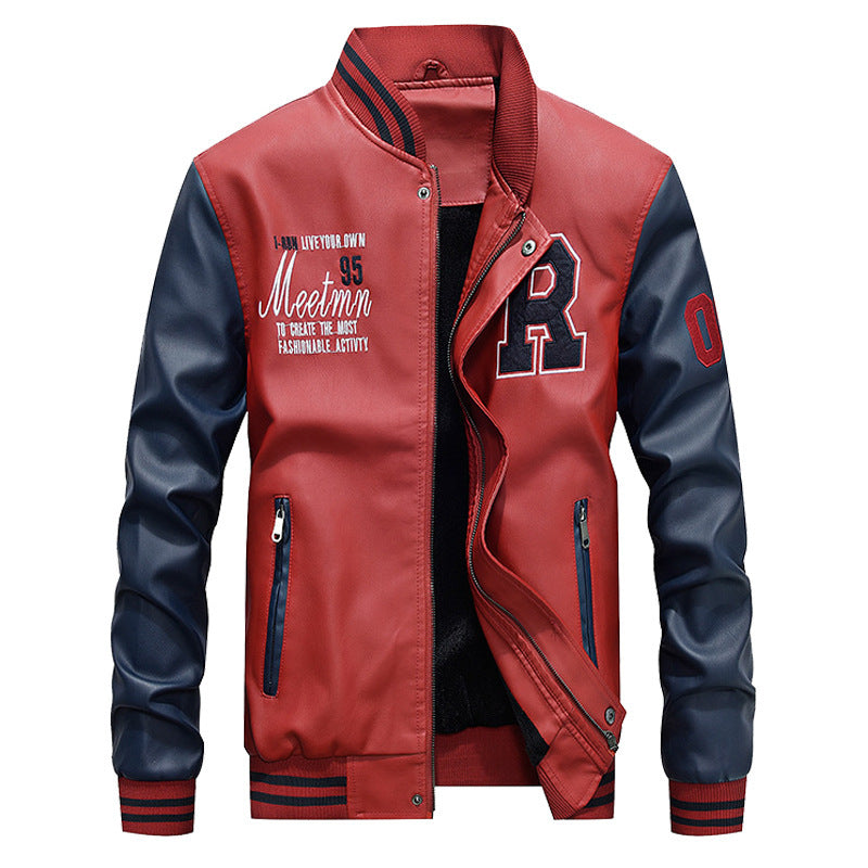 Blouson homme style varsity – Corps cuir lisse – Finition côtelée – Fermeture pression