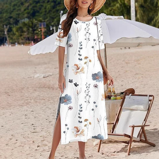 Robe longue femme – Coupe fluide – Imprimé fleuri – Style bohème – Fentes côtés