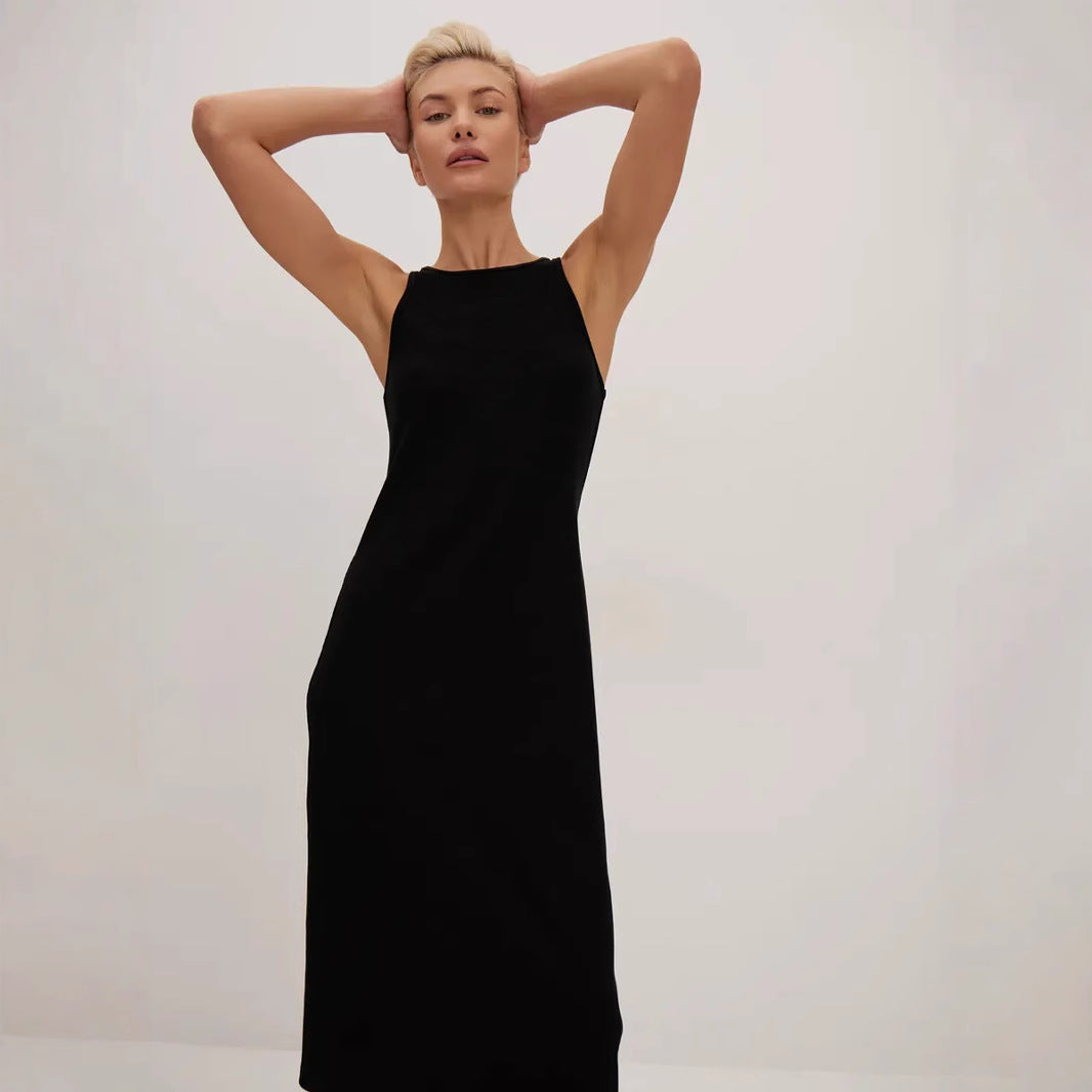 Robe midi femme – Coupe ajustée – Col montant – Sans manches – Style minimaliste élégant