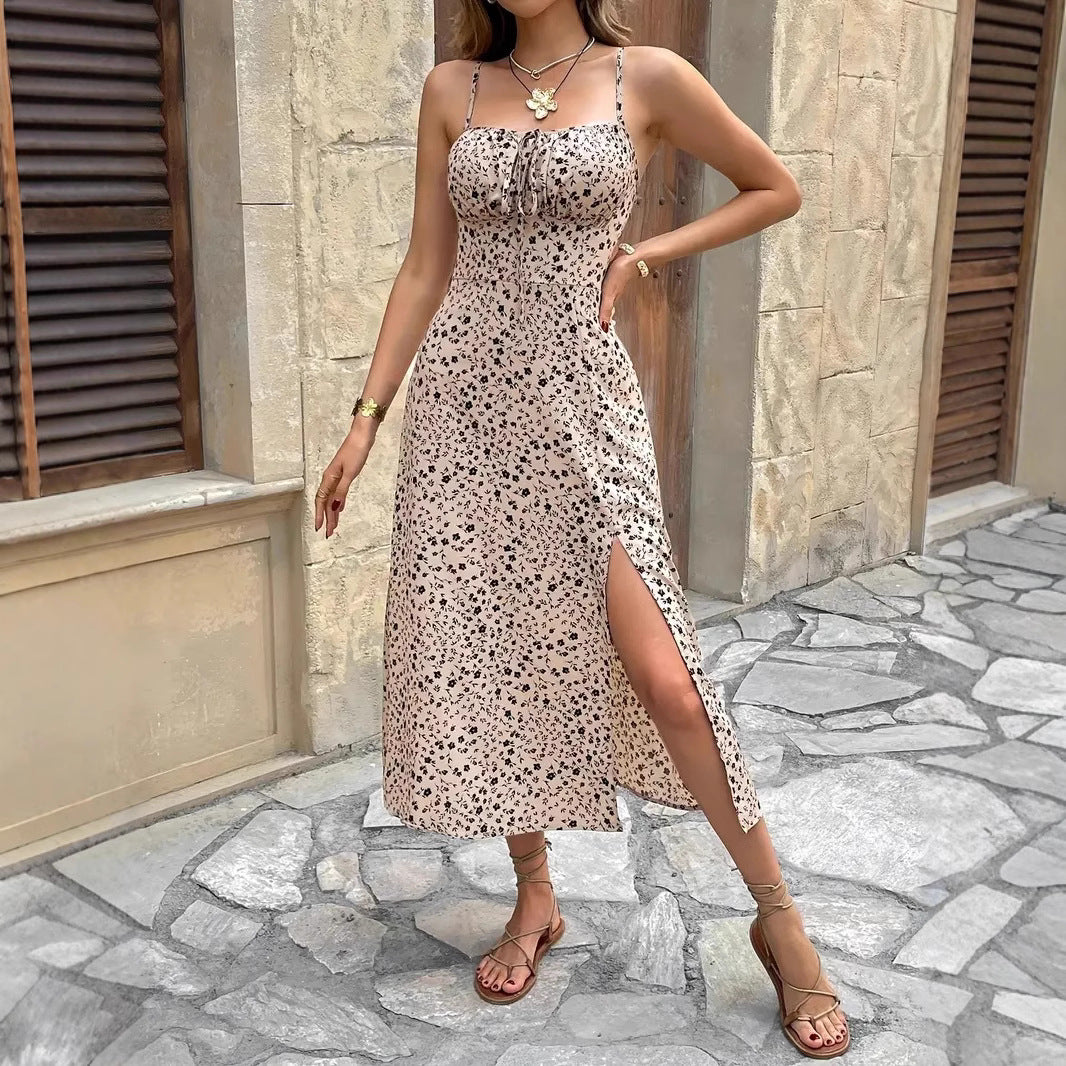Robe midi femme – Coupe ajustée – Bretelles fines – Imprimé fleuri – Fente latérale