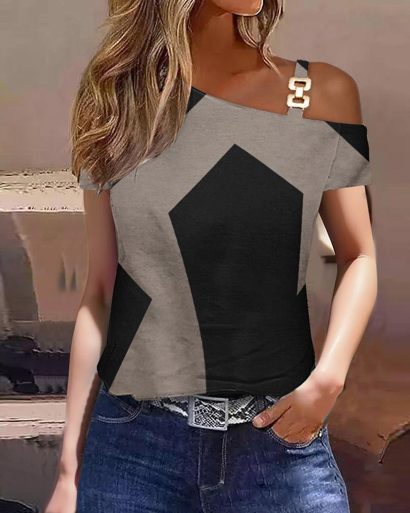 Top femme à manches courtes – Coupe décontractée – Épaule nue – Motif géométrique – Coton