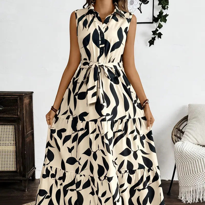 Robe longue femme – Coupe évasée – Sans manches – Col chemise – Imprimé feuillage