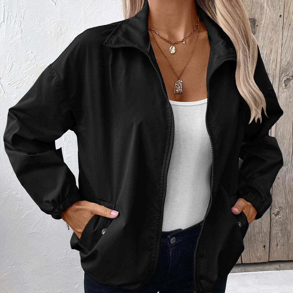 Veste décontractée femme – Coupe ample – Imperméable – Longueur hanches – Zip frontal