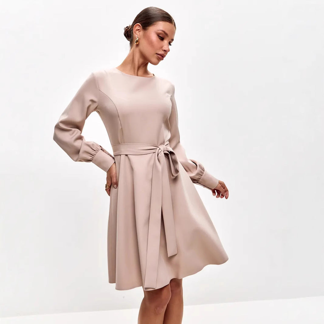 Robe Midi Femme – Coupe Cintrée – Manches Longues – Ceinture à Nouer – Élégante