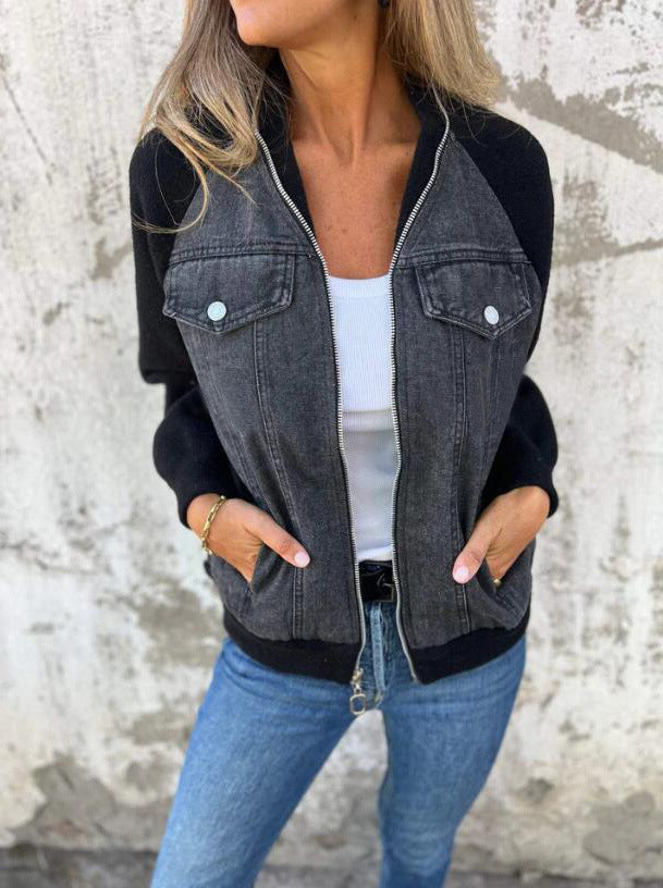 Blouson femme – Style bomber – Laine mélangée – Empiècements denim – Coupe droite