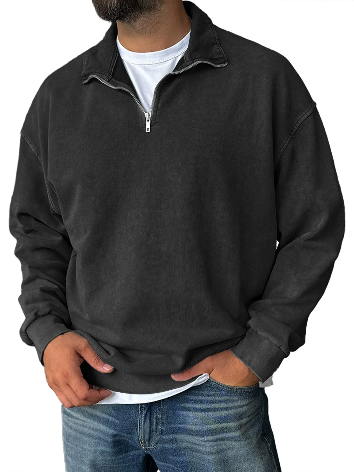 Sweat-shirt homme – Coupe décontractée – Col montant zippé – Épaules tombantes
