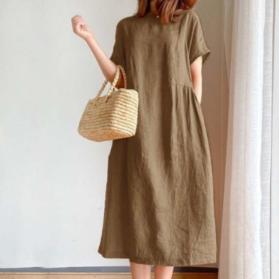 Robe midi femme – Coupe ample – Coton léger – Manches courtes – Col rond – Poches