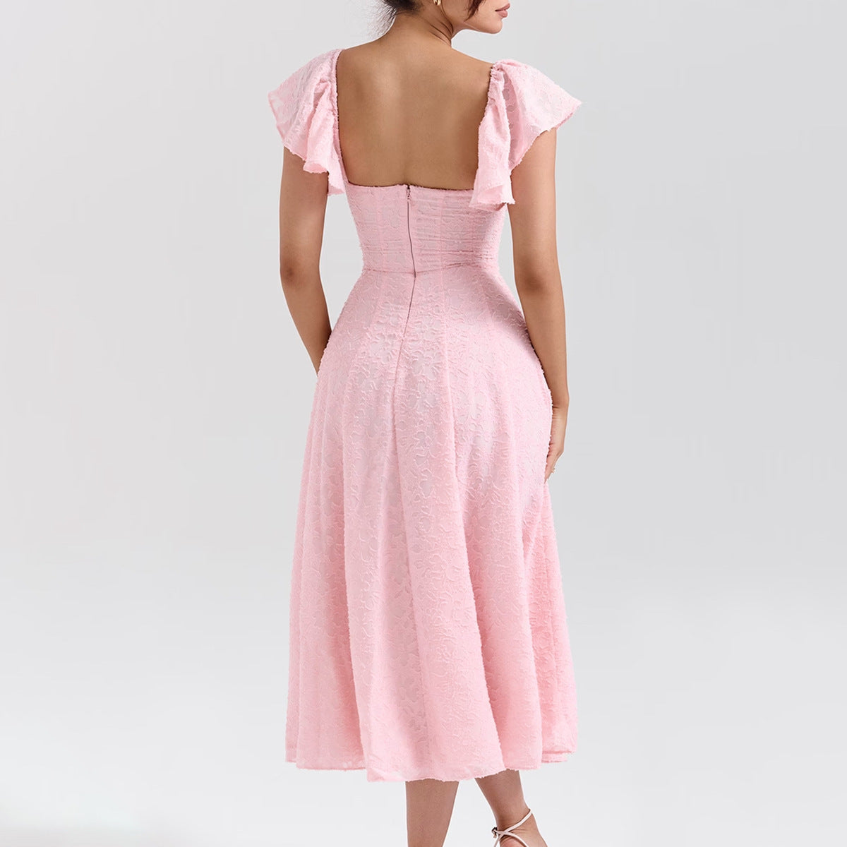 Robe midi femme – Dentelle élégante – Épaules dénudées – Dos nu – Manches volantées