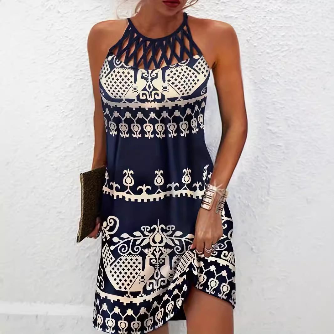 Robe femme col halter – Coupe slim – Détail ajouré – Imprimé feuillage – Mini