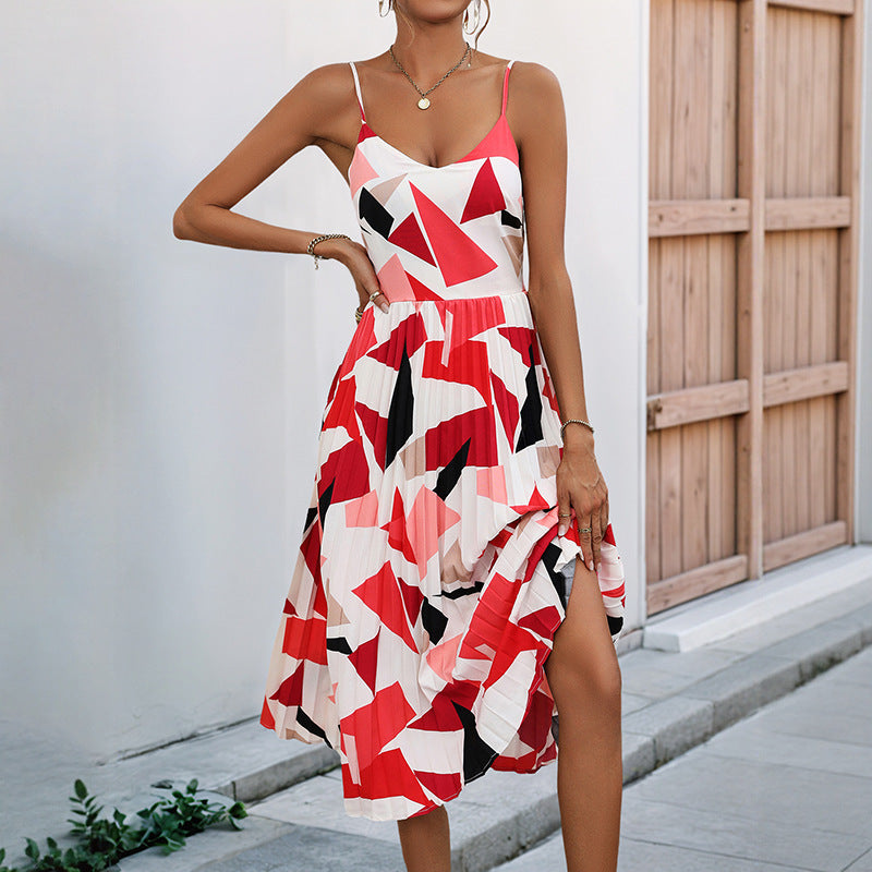 Robe femme évasée – Mi-longue – Motif géométrique – Bretelles fines – Tissu léger