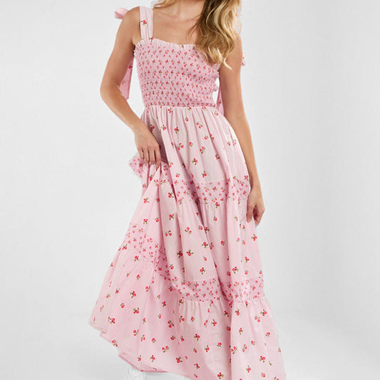 Robe longue femme – Bretelles à nouer – Imprimé fleuri – Haut smocké – Jupe évasée