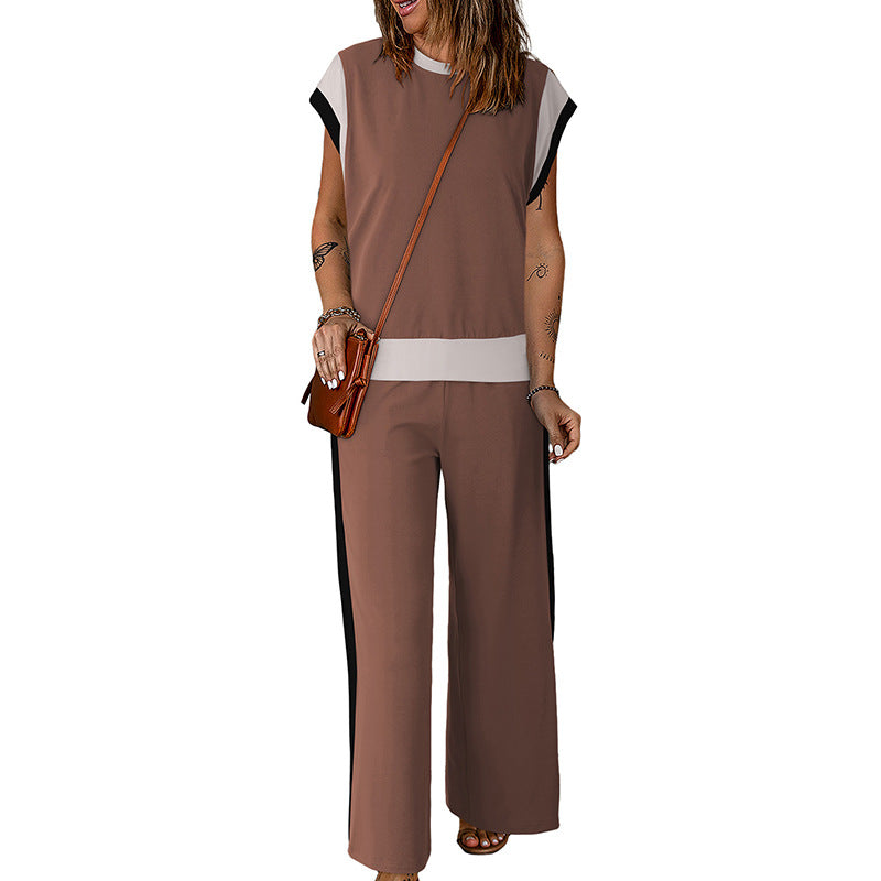 Ensemble Femme – Tissu Léger – Haut Manches 3/4 – Pantalon Évasé 7/8 – Détail Contraste