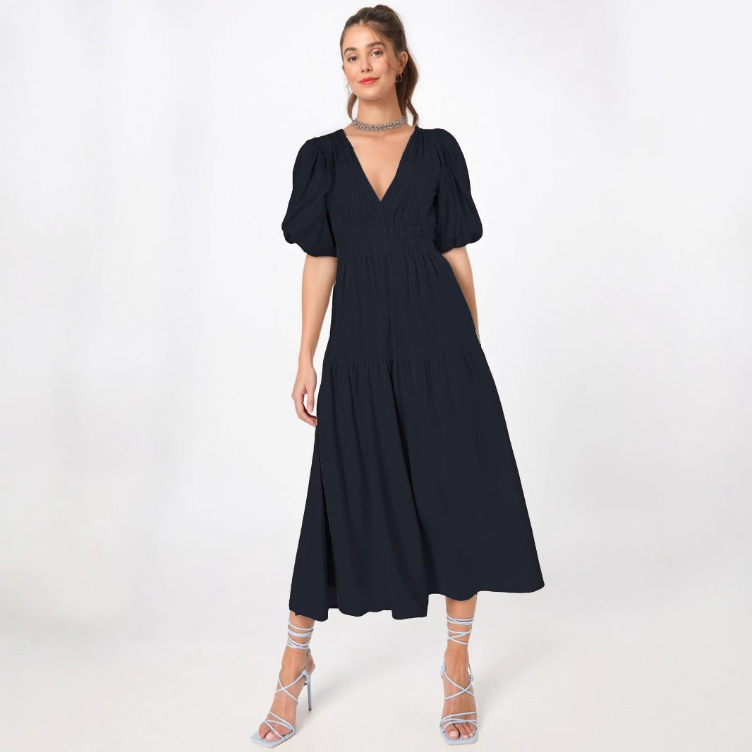Robe midi femme – Taille cintrée – Manches bouffantes – Décolleté en V – Jupe fluide à volants