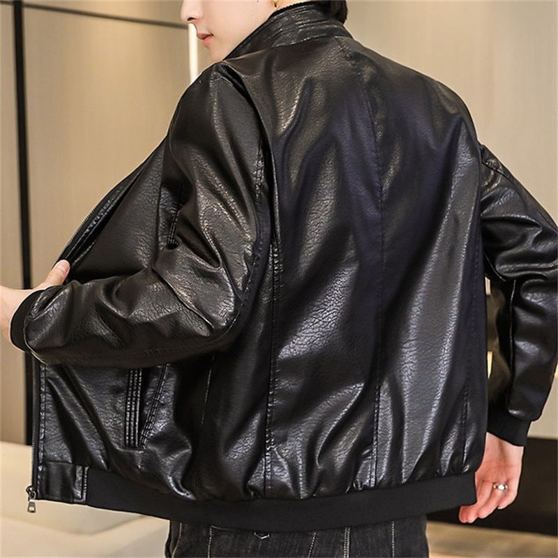 Blouson homme en cuir – Coupe slim – Col montant – Ourlet côtelé – Fermeture zippée