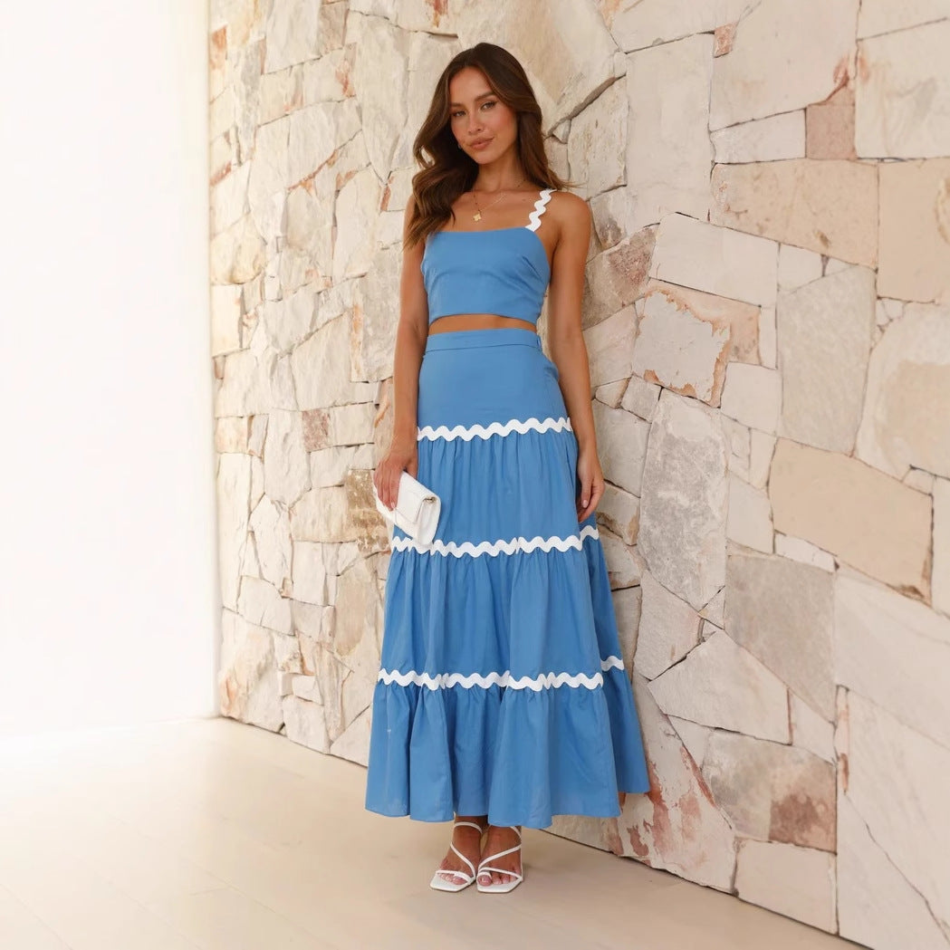Ensemble Femme Deux Pièces – Haut Bustier Ajusté – Jupe Longue Volants – Tissu Léger