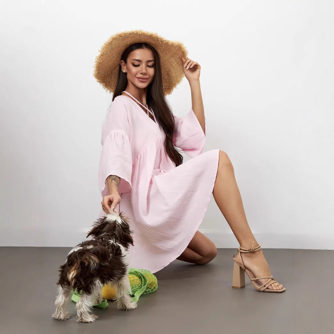 Robe femme décolleté en V – Coton léger – Coupe ample – Manches courtes – Nœud devant