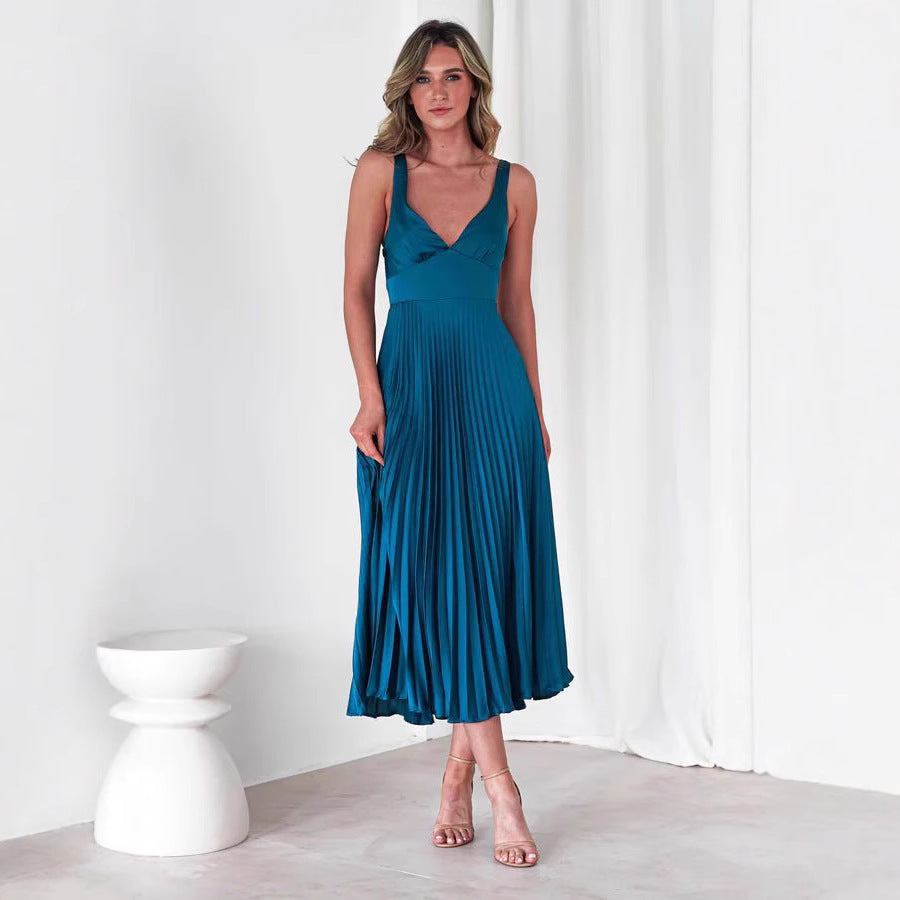 Robe midi femme – Satin fluide – Décolleté en V – Plissée – Bretelles fines