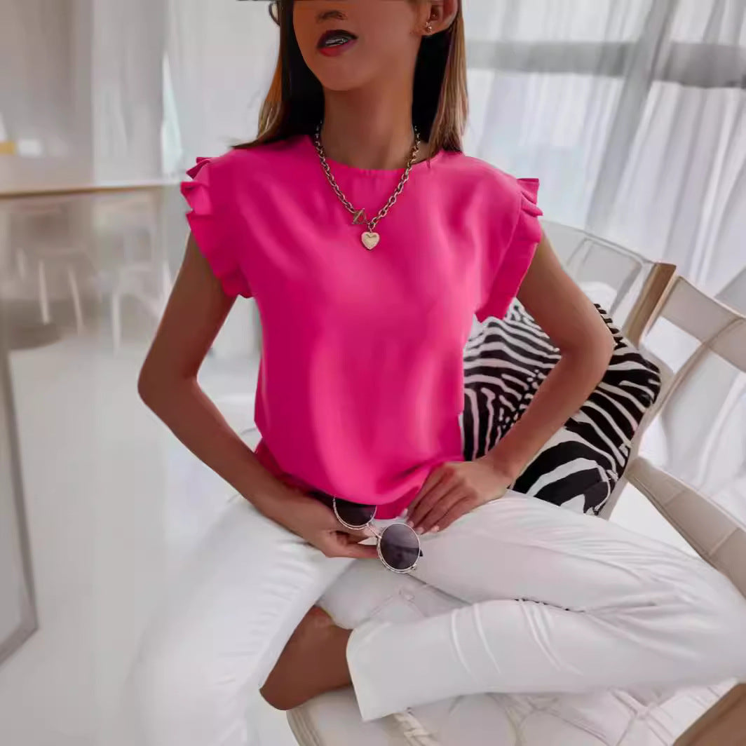 Blouse femme – Coupe décontractée – Tissu respirant – Manches à volants – Col rond