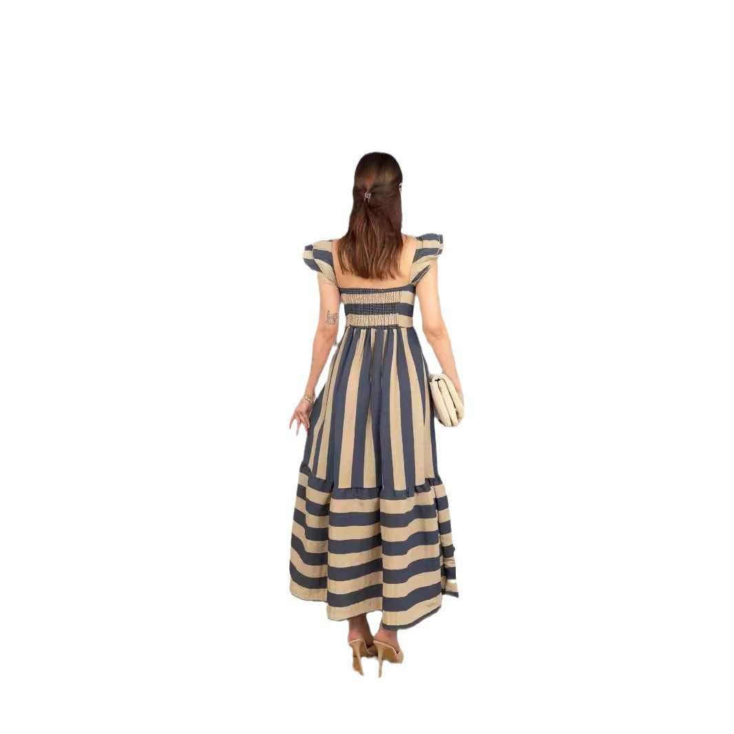 Robe midi femme – Épaules dénudées – Coton mélangé – Coupe fluide – Rayures – Manches volantées
