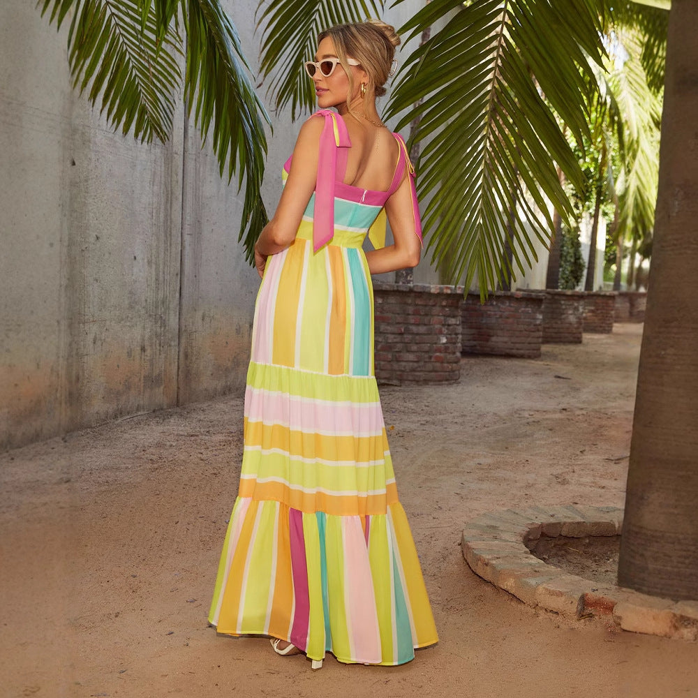 Robe longue femme – Coupe fluide – Coton léger – Bretelles à nouer – Jupe à volants