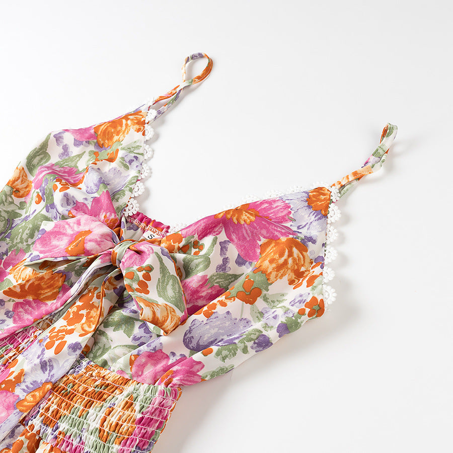 Robe Mini Femme – Coupe Évasée – Bretelles Fines – Dos Noué – Imprimé Fleuri