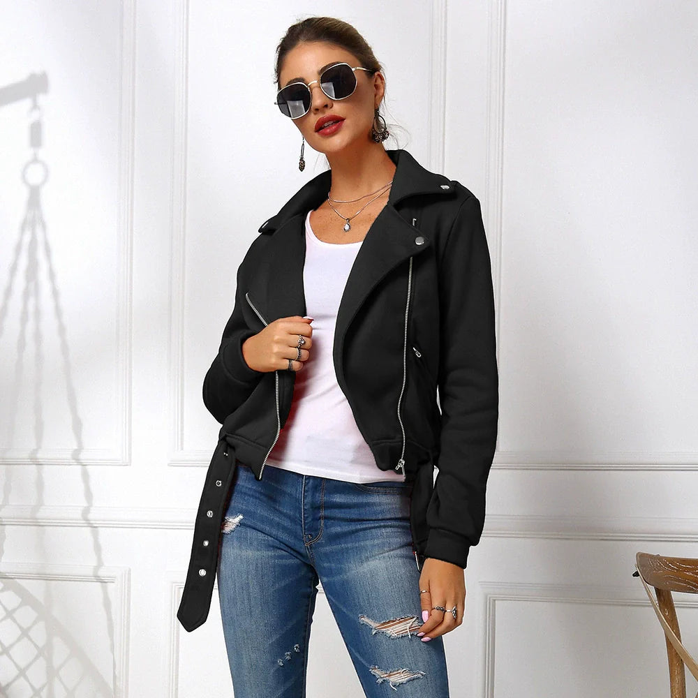 Veste courte femme – Coupe slim – Col à revers – Zip asymétrique – Ceinture ajustable