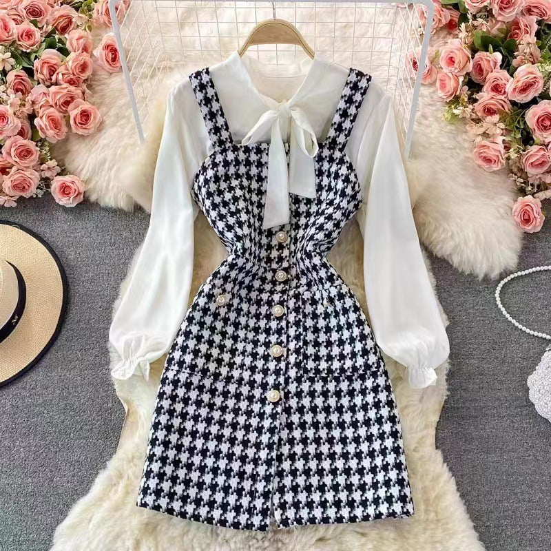 Robe Chasuble Femme – Coupe Cintrée – Tweed Texturé – Boutonnée – Blouse Nœud