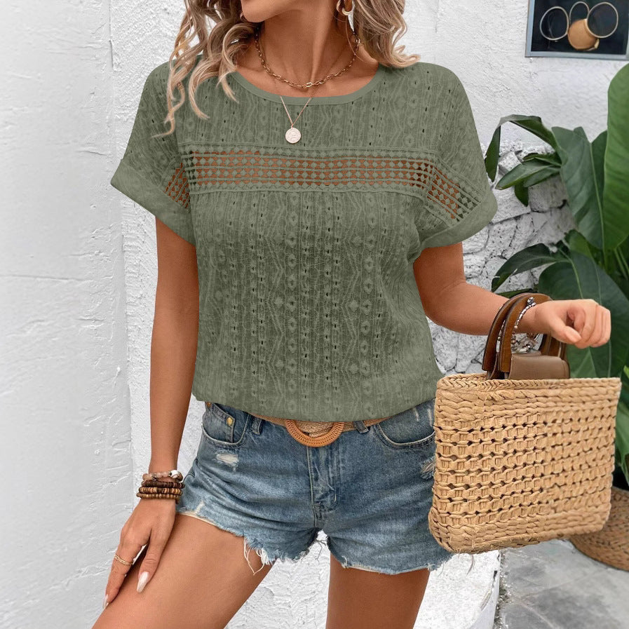 Carmela - T-shirt femme - Dentelle creuse - Col rond - Manches chauve-souris