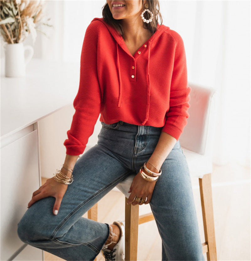 Sweat à capuche femme – Coupe décontractée – Maille douce – Boutons décoratifs
