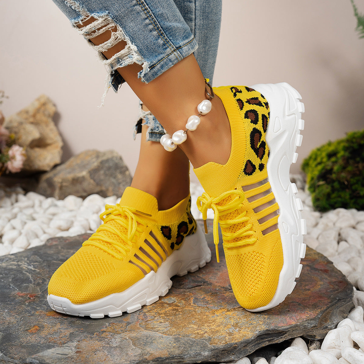 Baskets femme – Flyknit respirant – Semelle ondulée – Imprimé léopard – Basique