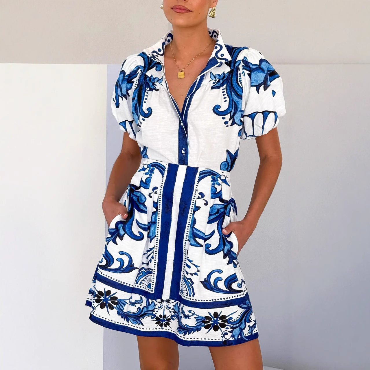 Ensemble femme en lin – Haut à manches bouffantes et boutons – Jupe mini évasée avec poches