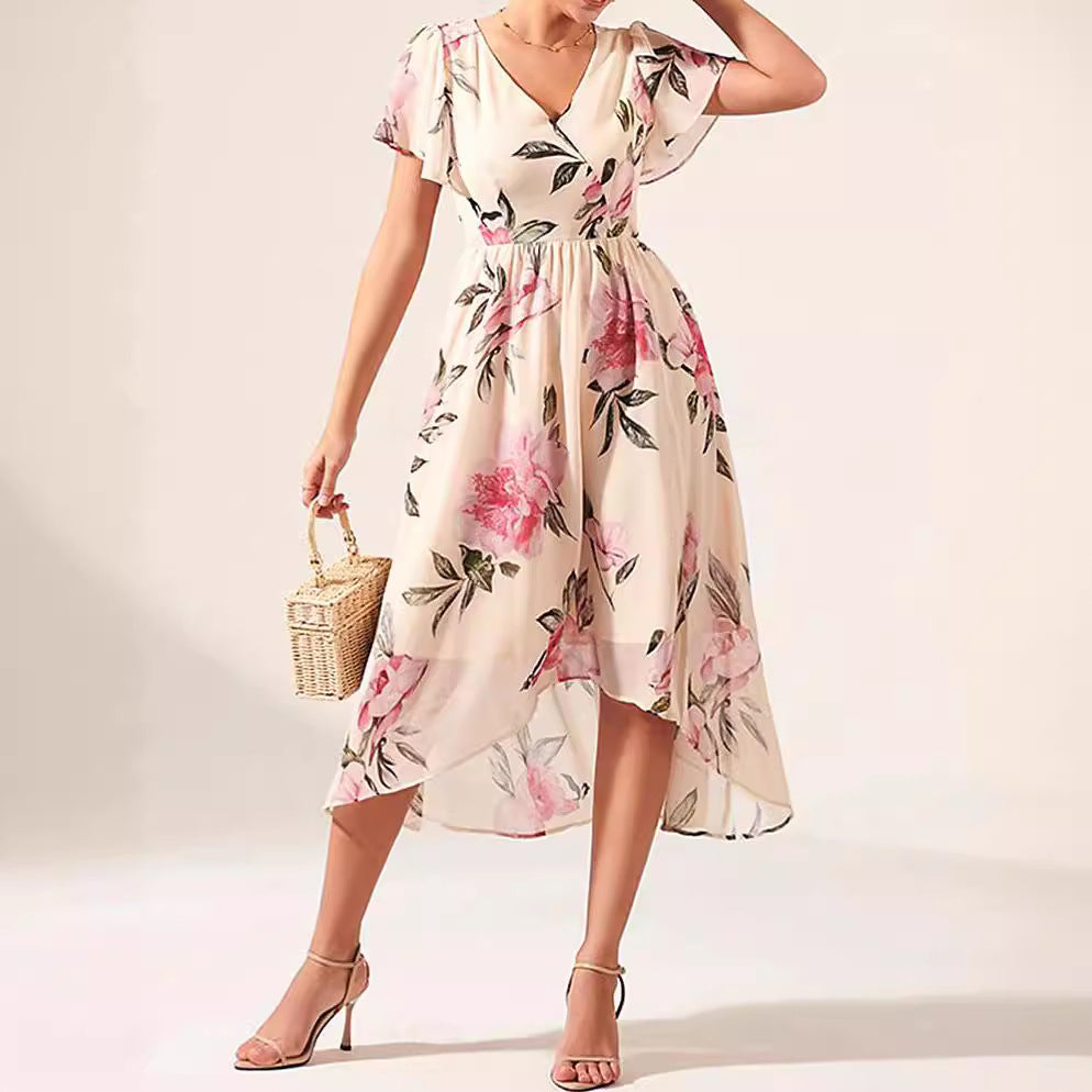 Robe femme – Imprimé fleuri – Col en V – Manches volantées – Taille nouée – Ourlet asymétrique
