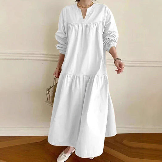 Robe longue femme – Coton lin – Coupe ample – Manches bouffantes – Col en V