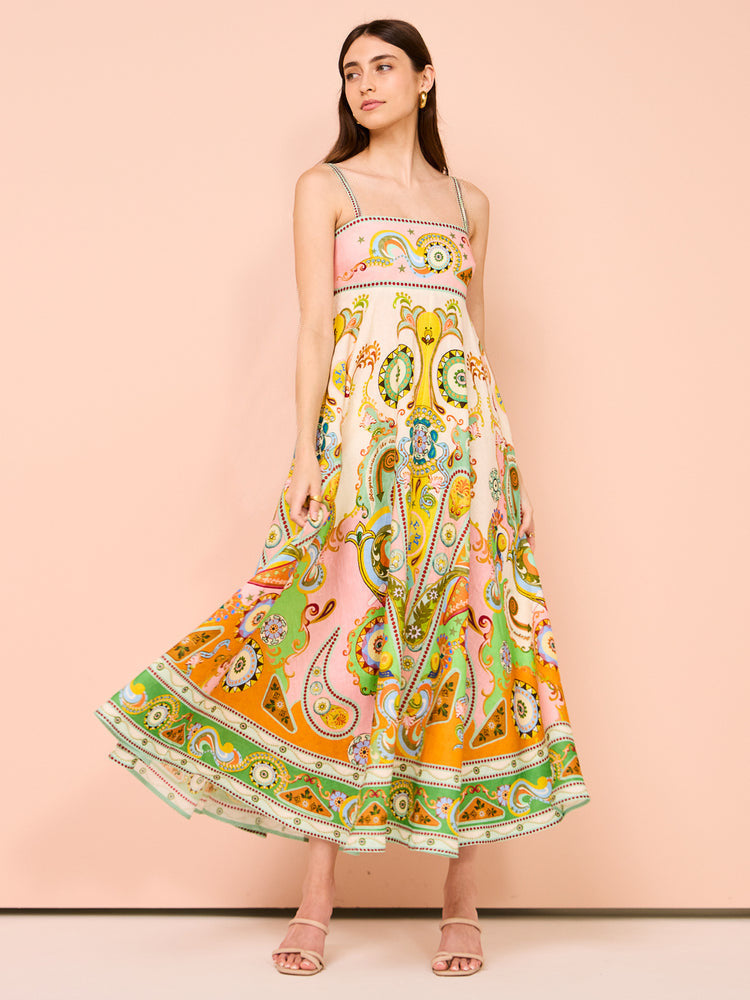 Robe midi femme – Bretelles fines – Corsage smocké – Coupe évasée fluide