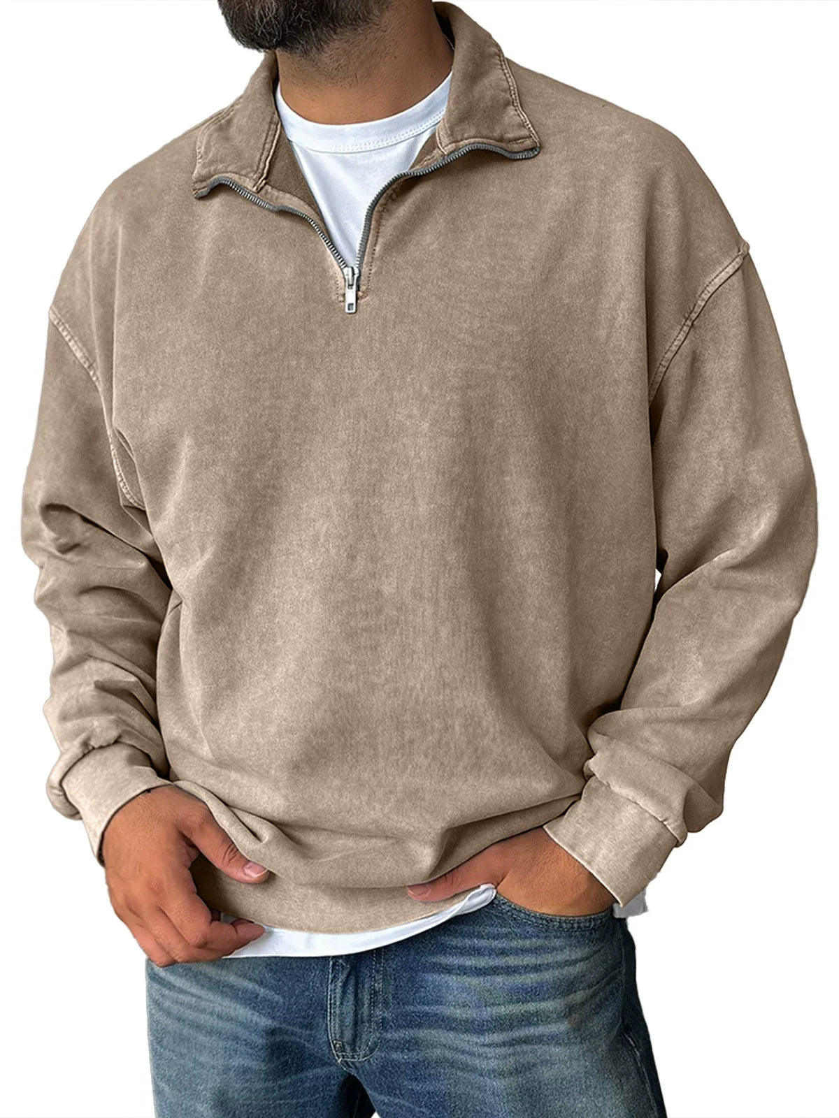 Sweat-shirt homme – Coupe décontractée – Col montant zippé – Épaules tombantes