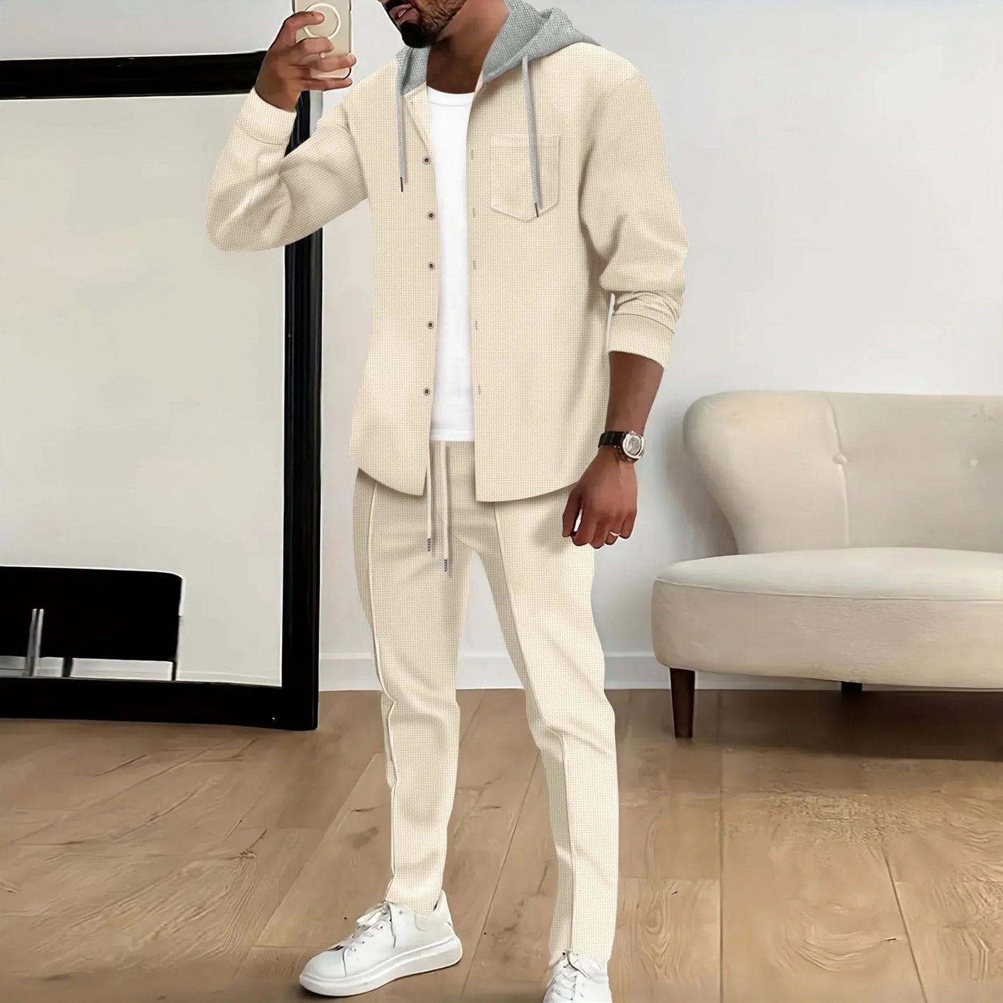 Ensemble veste à capuche et pantalon homme – Coupe décontractée – Coton – Fermeture boutonnée – Taille à cordon