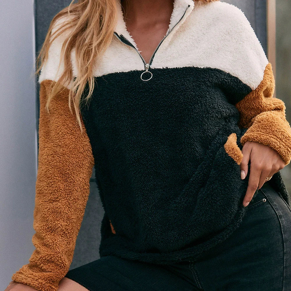 Sweat-shirt femme – Coupe oversize – Tissu duveteux – Demi-zip – Design patchwork
