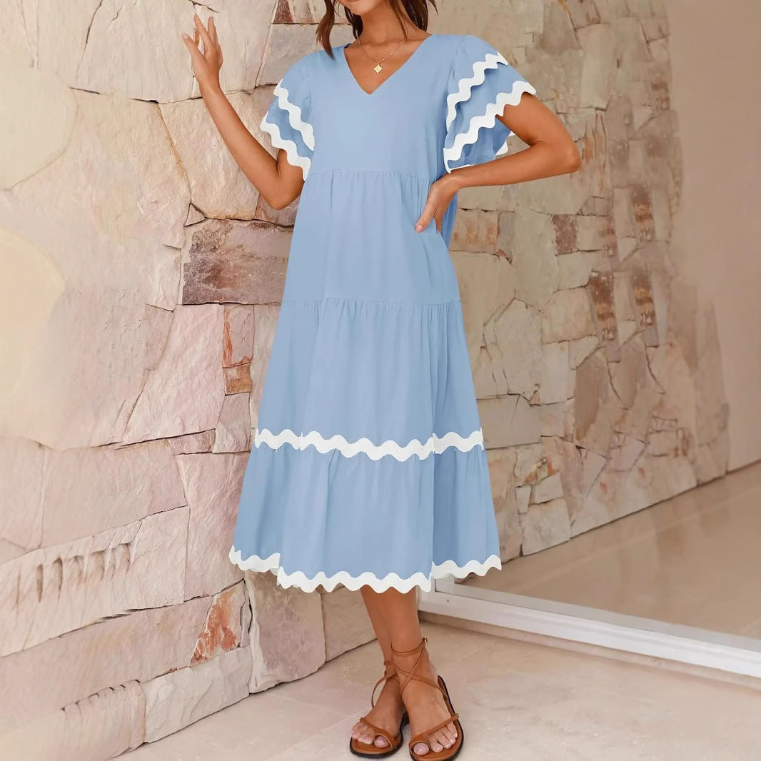 Robe midi femme – Encolure en V – Manches volantes – Coupe fluide – Tissu respirant