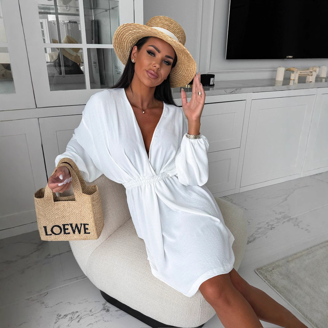 Robe femme – Tissu léger respirant – Taille ceinturée – Manches longues fluides – Col V