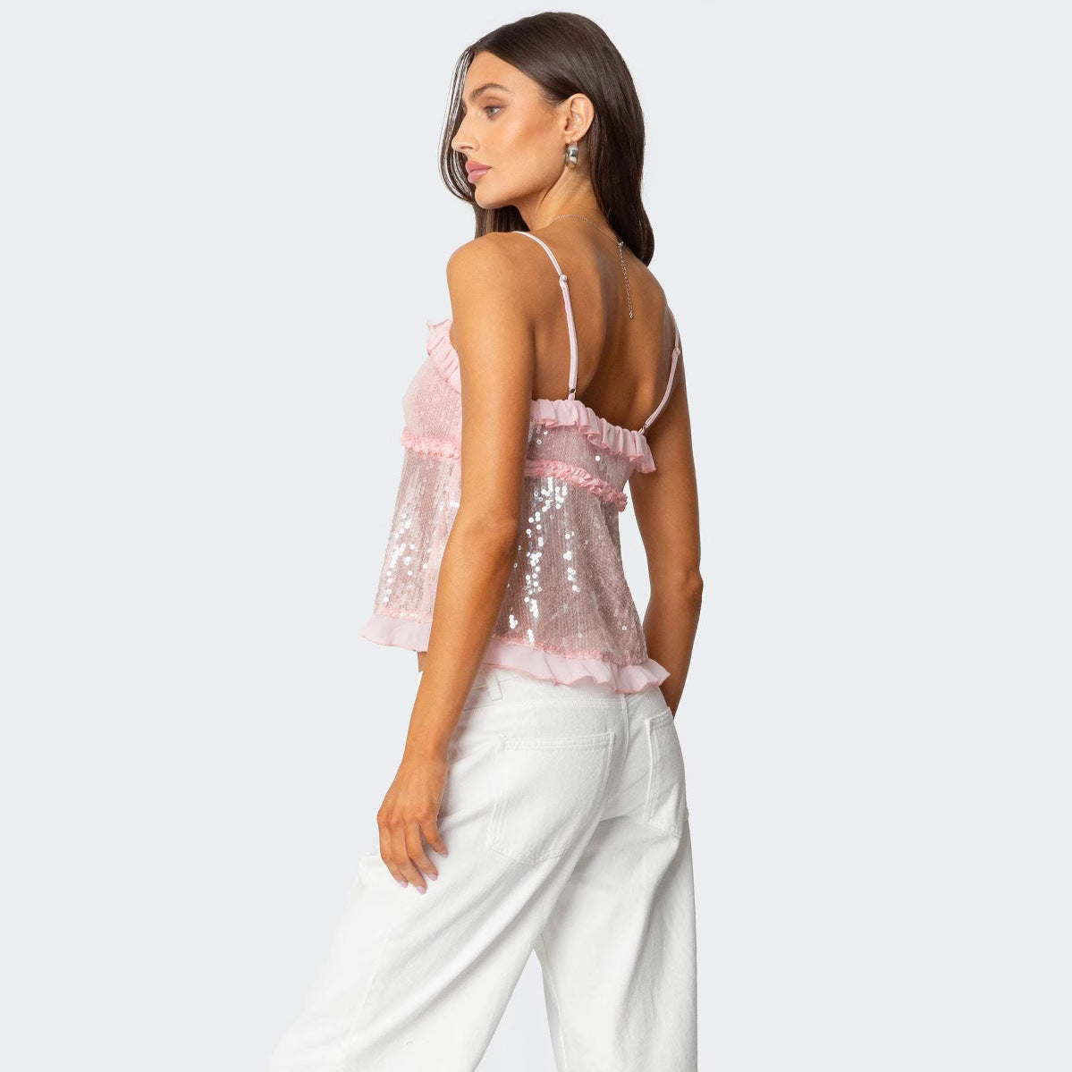 Top court dos nu femme – Sequins brillants – Coupe ajustée – Volants décoratifs